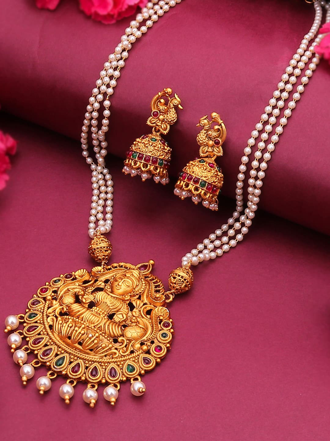 

Sukkhi Gold-Plated Pink & Green Stone-Studded Pearl Beaded Goddess Temple Long Haram Jewellery Set