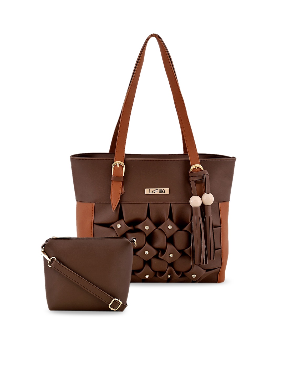 

LaFille Brown Embellished Structured Shoulder Bag with Tasselled