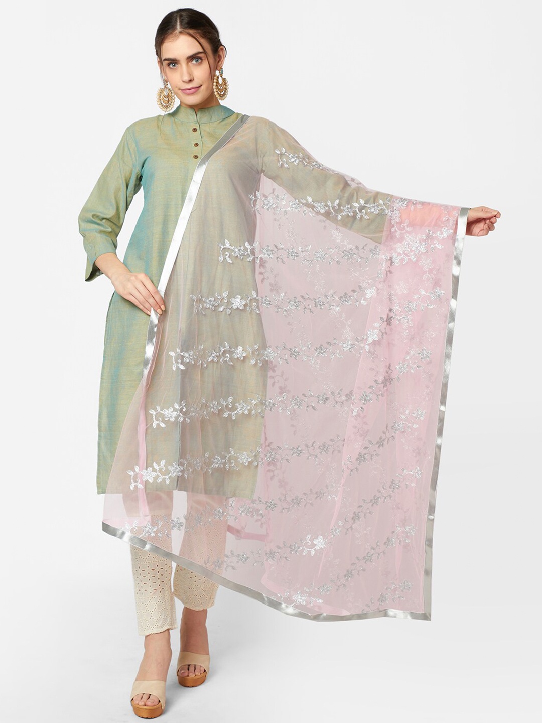 

Dupatta Bazaar Pink & Silver-Toned Embroidered Dupatta with Zari