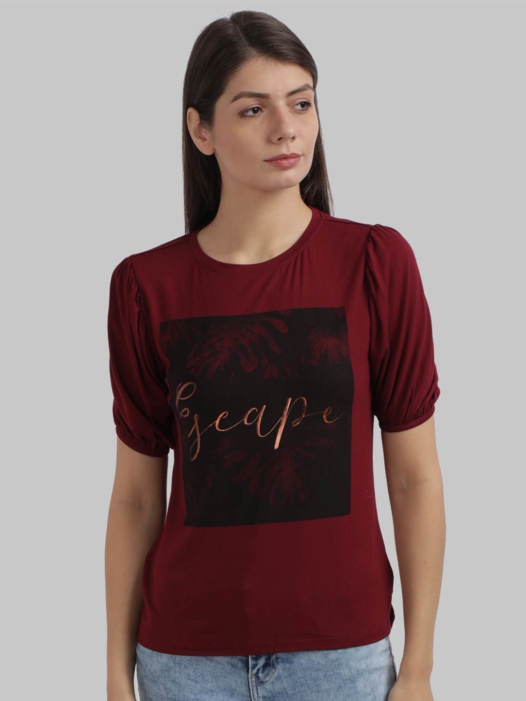 

Parx Women Maroon Printed Extended Sleeves T-shirt
