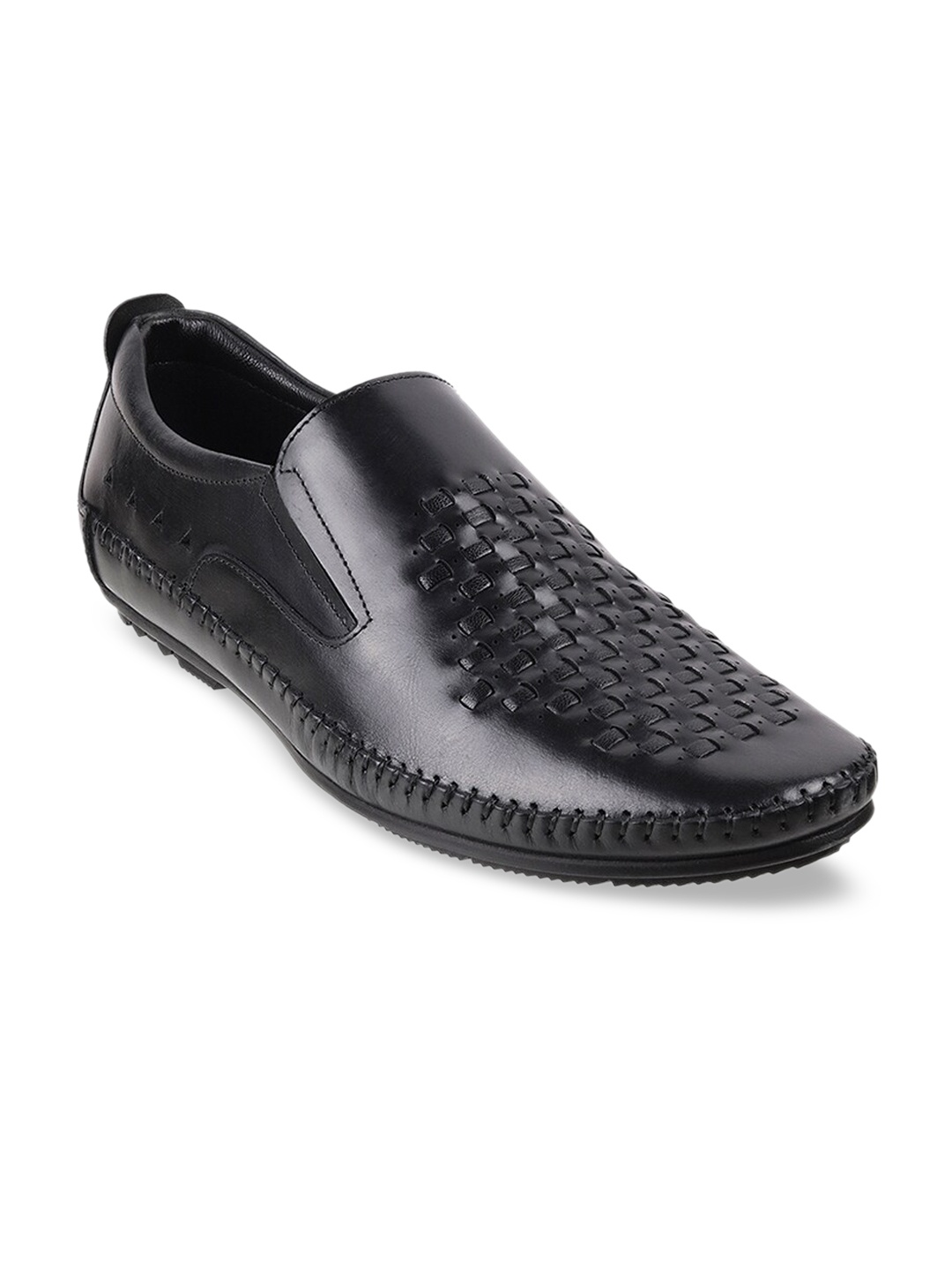 

Mochi Men Black Solid Leather Slip-Ons