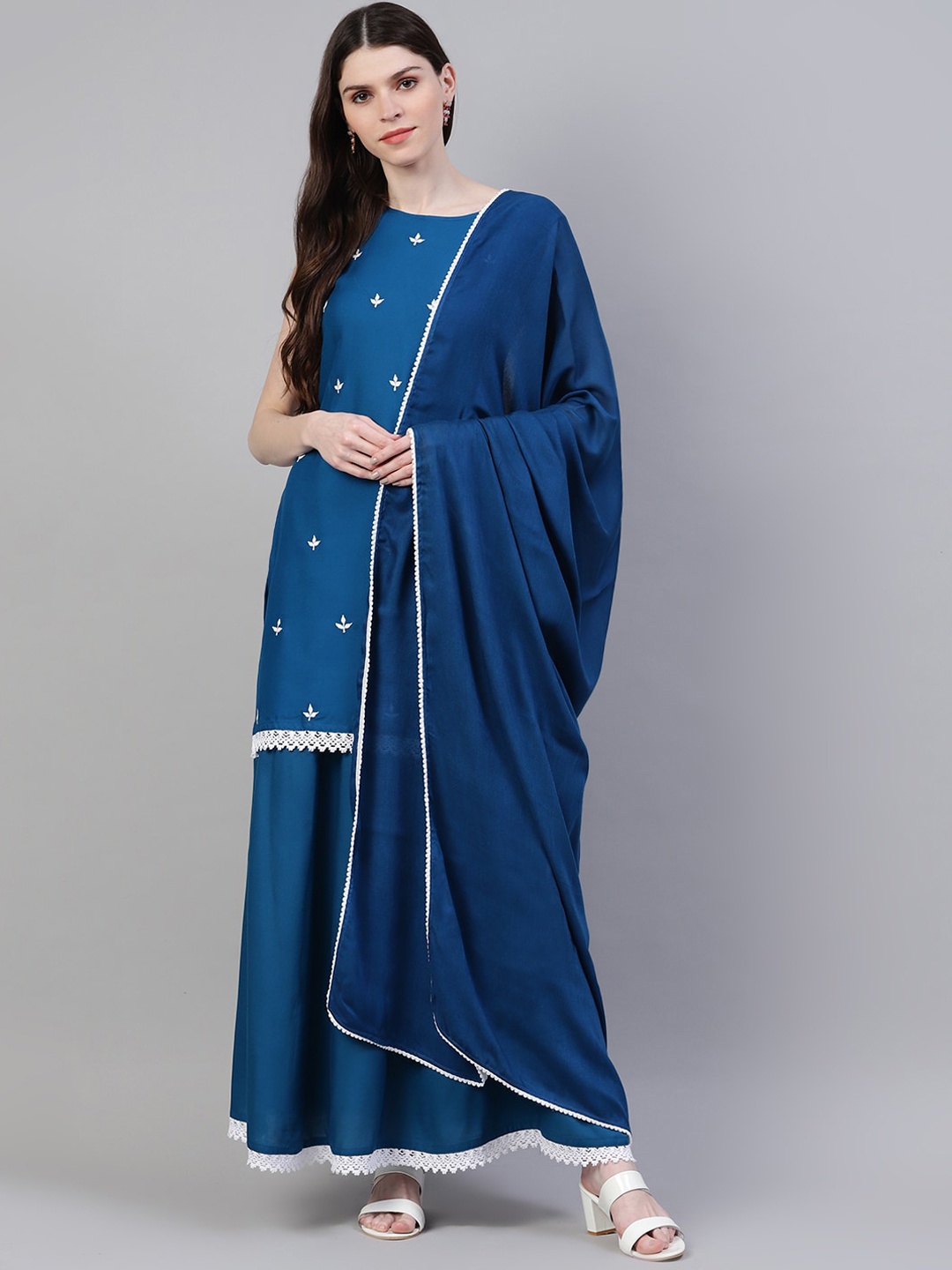 

Stylum Women Blue Floral Embroidered Kurta with Skirt & With Dupatta