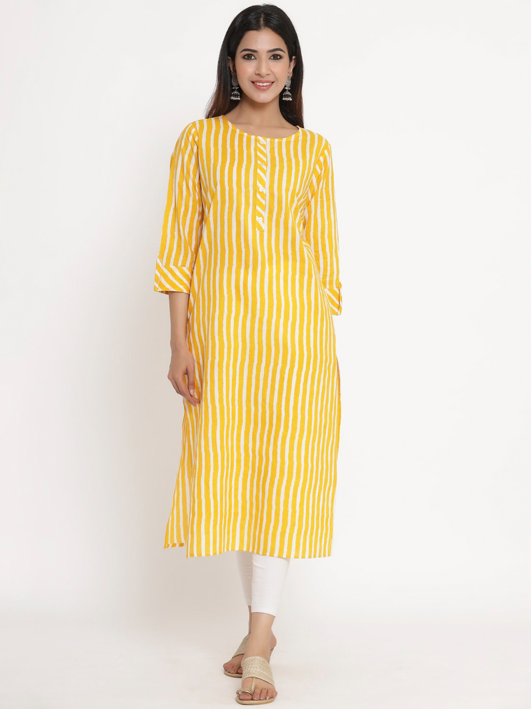 

Sangria Women Yellow & White Striped Cotton Kurta