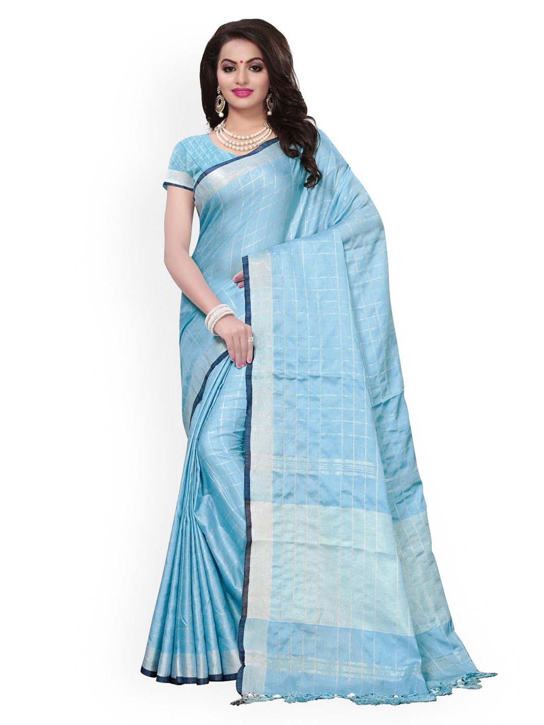 

KALINI Blue & Silver-Toned Checked Zari Linen Blend Saree