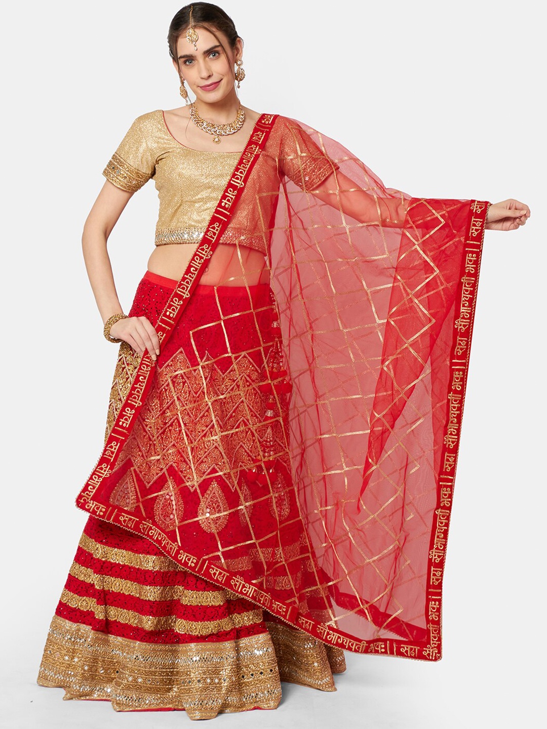 

Dupatta Bazaar Red & Gold-Toned Embroidered Organza Dupatta with Zari