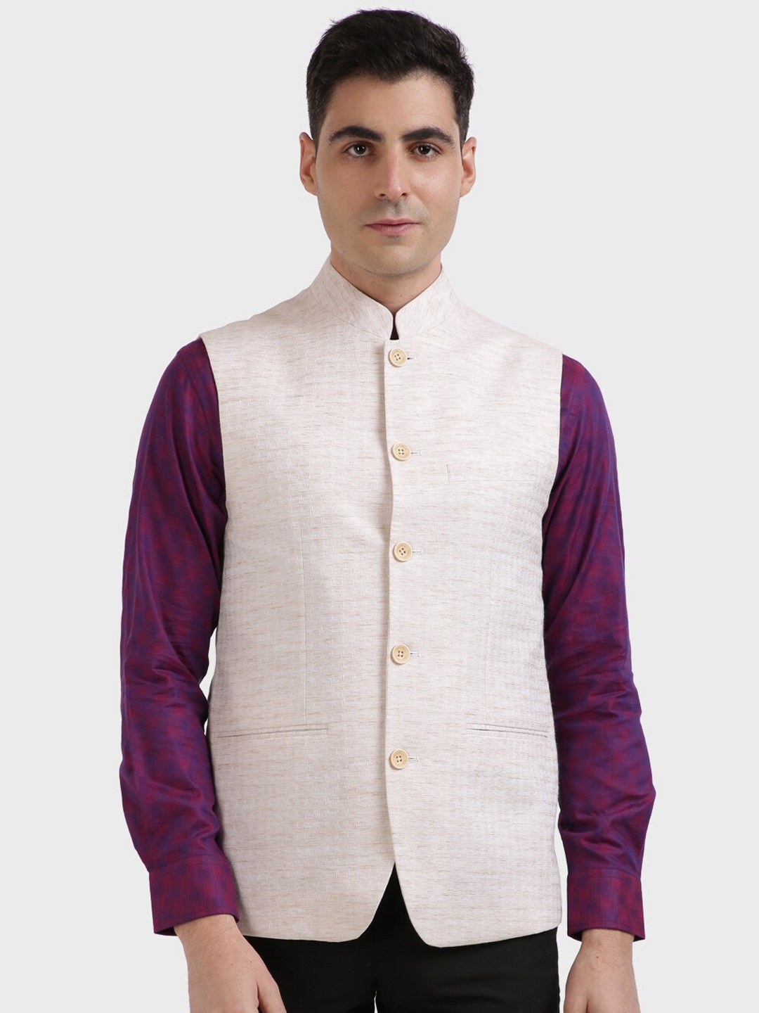 

ColorPlus Men Beige Woven-Design Nehru Jacket