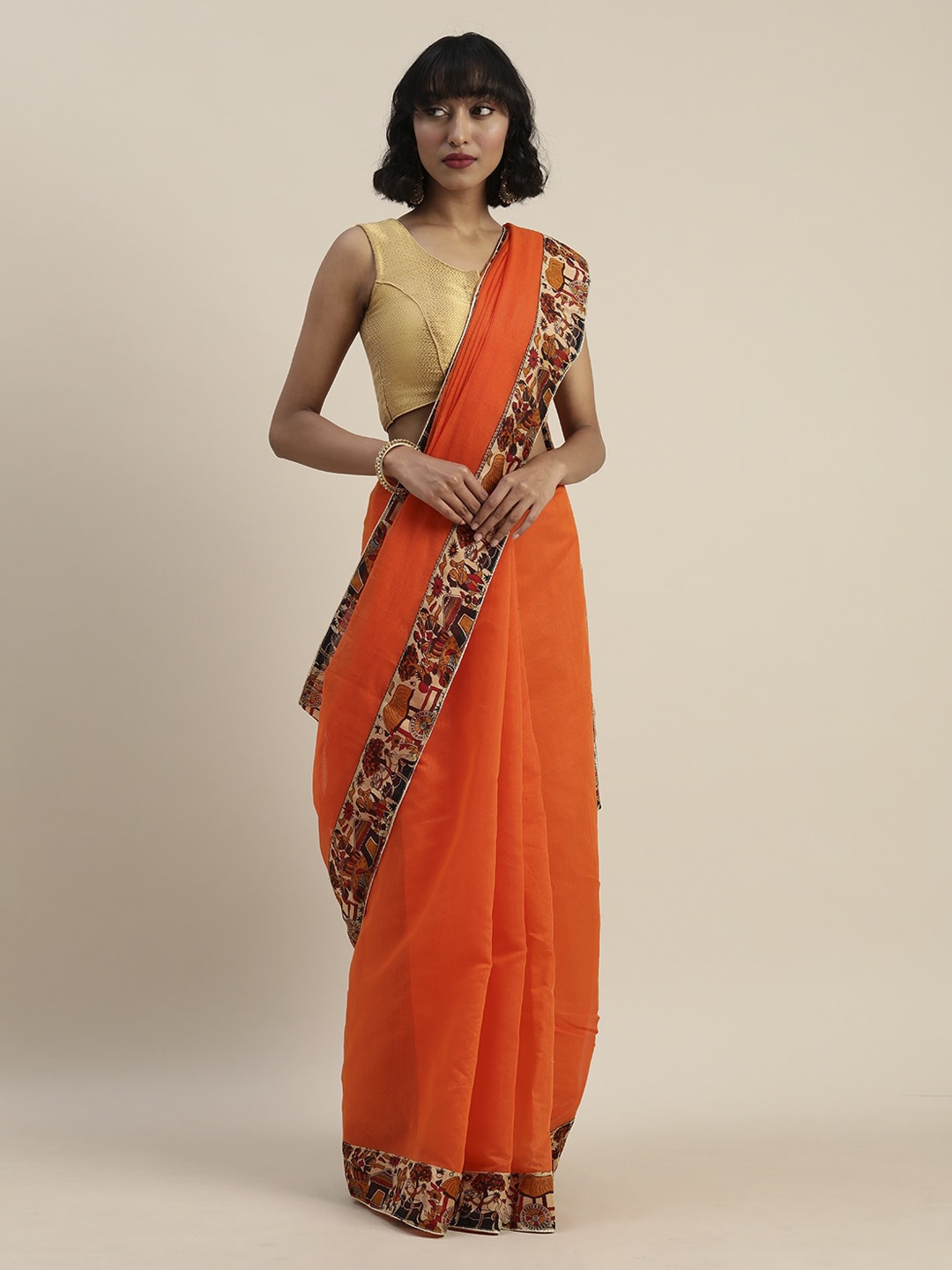 

Florence Orange Chanderi Cotton Blend Saree