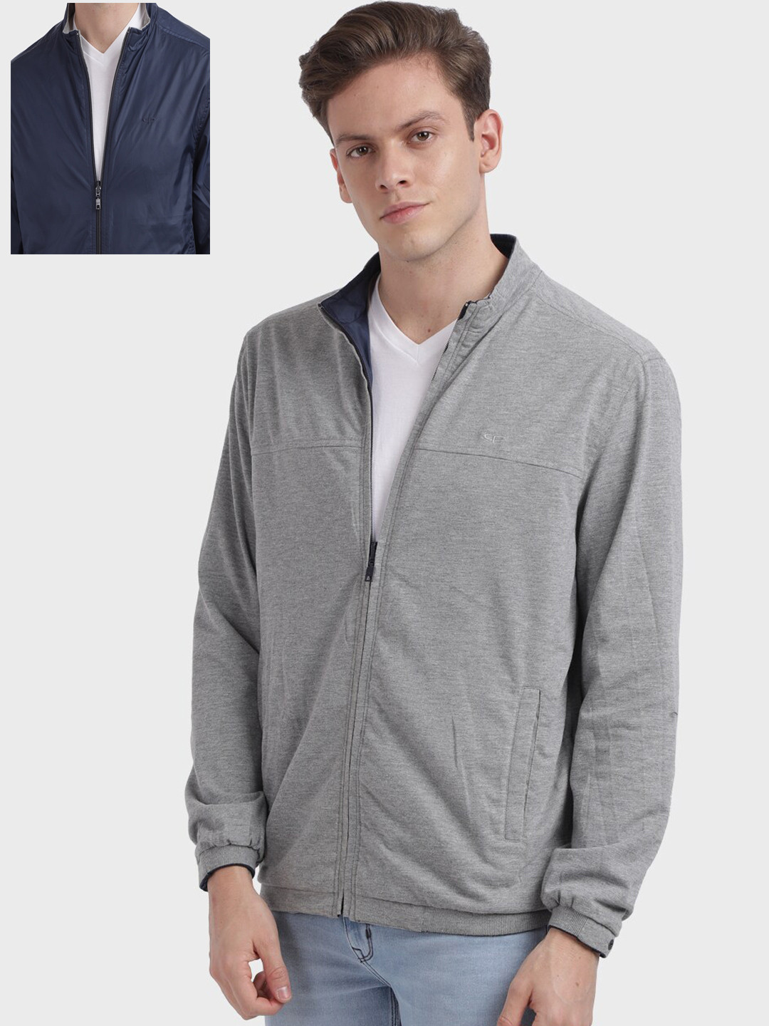 

ColorPlus Men Navy Blue & Grey Checked Reversible Open Front Jacket