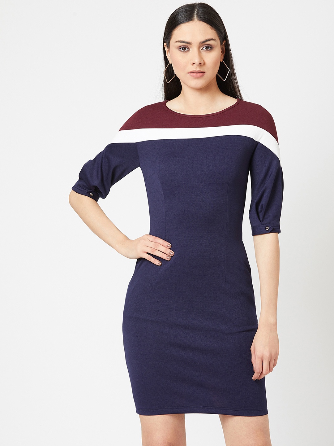 

Miss Chase Navy Blue & Red Striped Crepe Bodycon Dress
