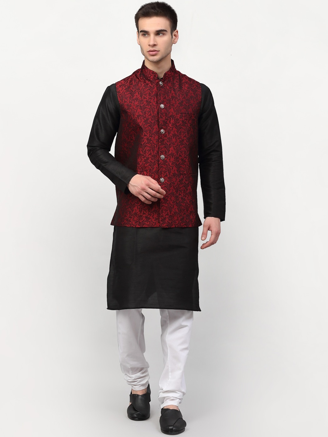 

Jompers Men Black Embroidered Dupion Silk Kurta with Pyjamas