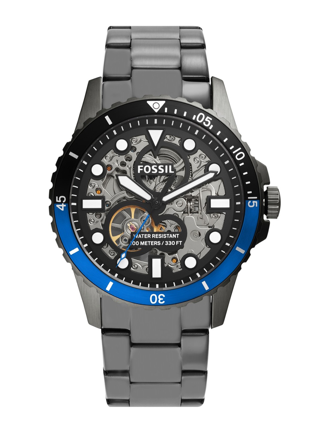 

Fossil Men Black Skeleton Dial & Gunmetal Toned Stainless Steel Bracelet Style Straps Analogue Automatic Watch