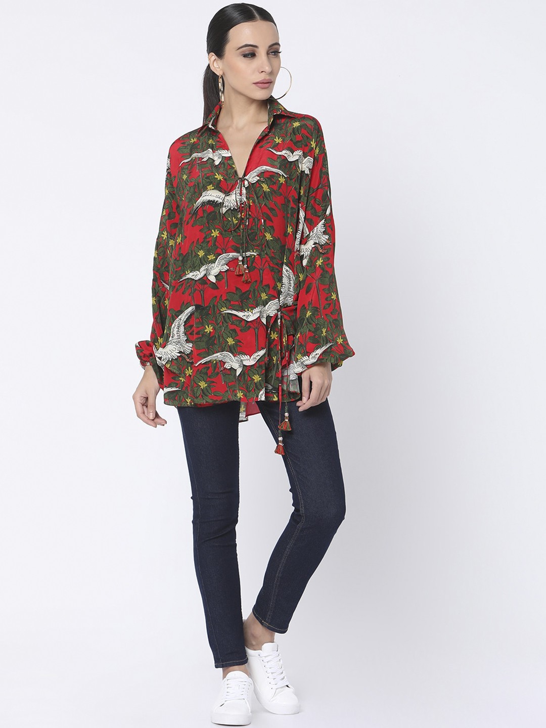 

Masaba Red & Green Floral Puff Sleeve Crepe Wrap Top