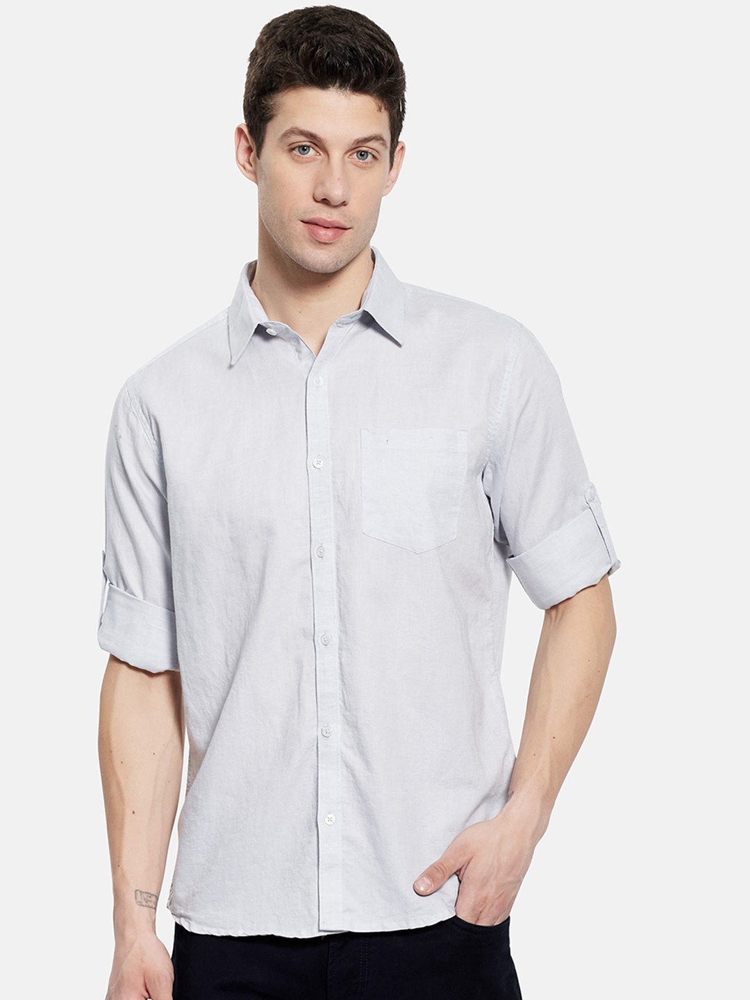 

METTLE Men Grey Regular Fit Solid Casual Shirt