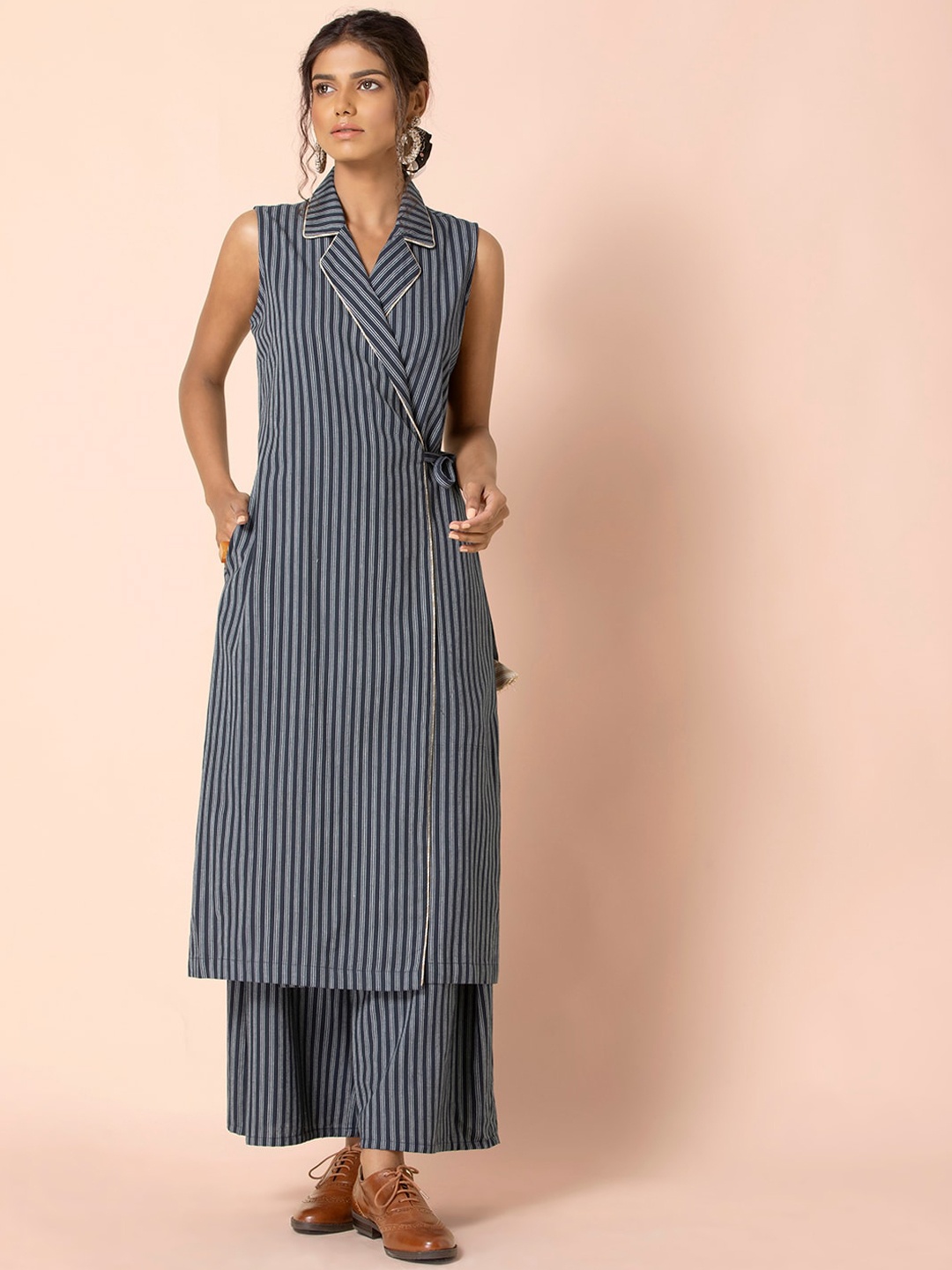 

Earthen BY INDYA Blue Striped Collared Tie Wrap Tunic