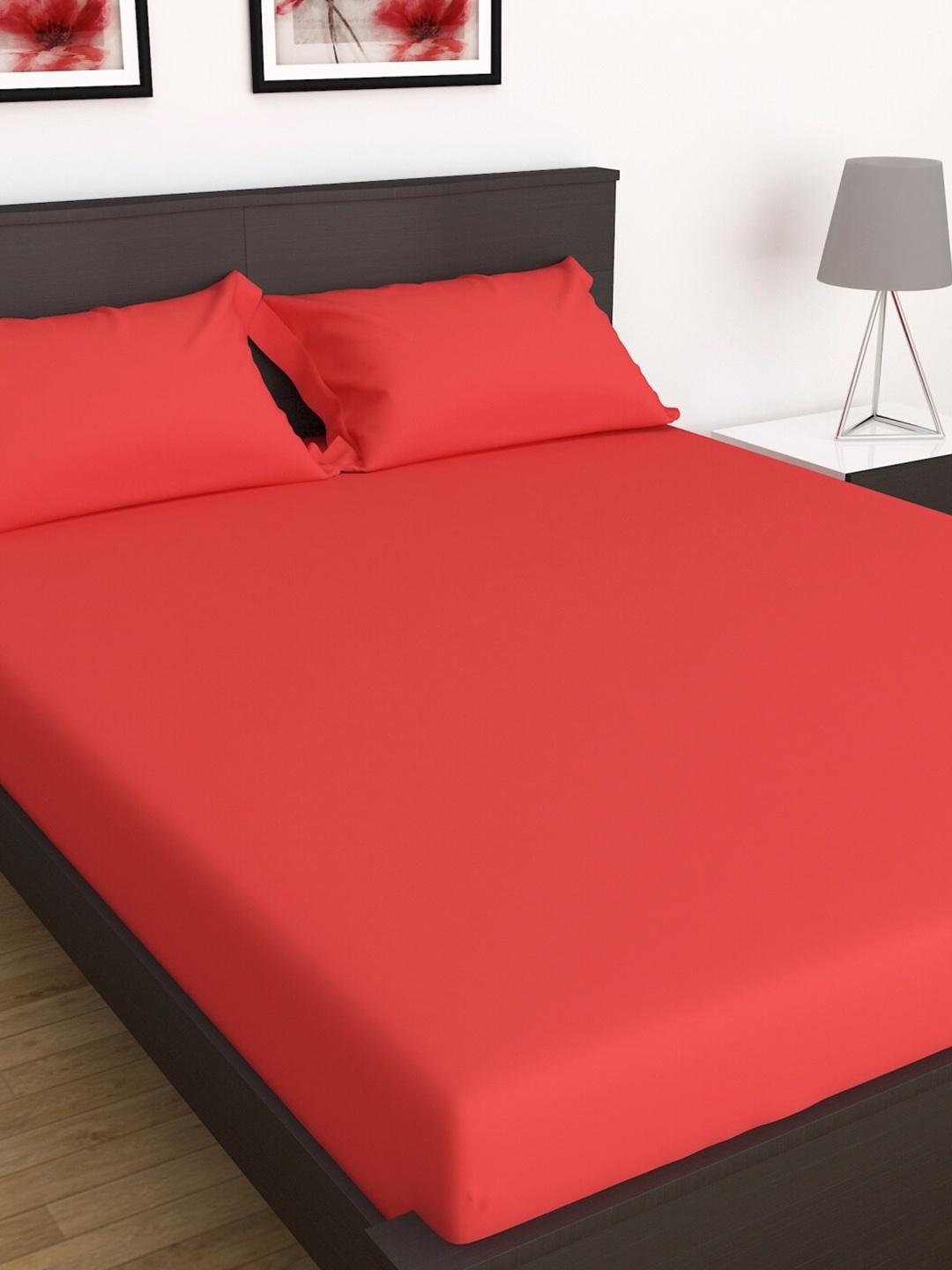 

Home Centre Set Of 3 Pcs Colour Connect Cotton 154 TC Solid Double Bedsheet, Red