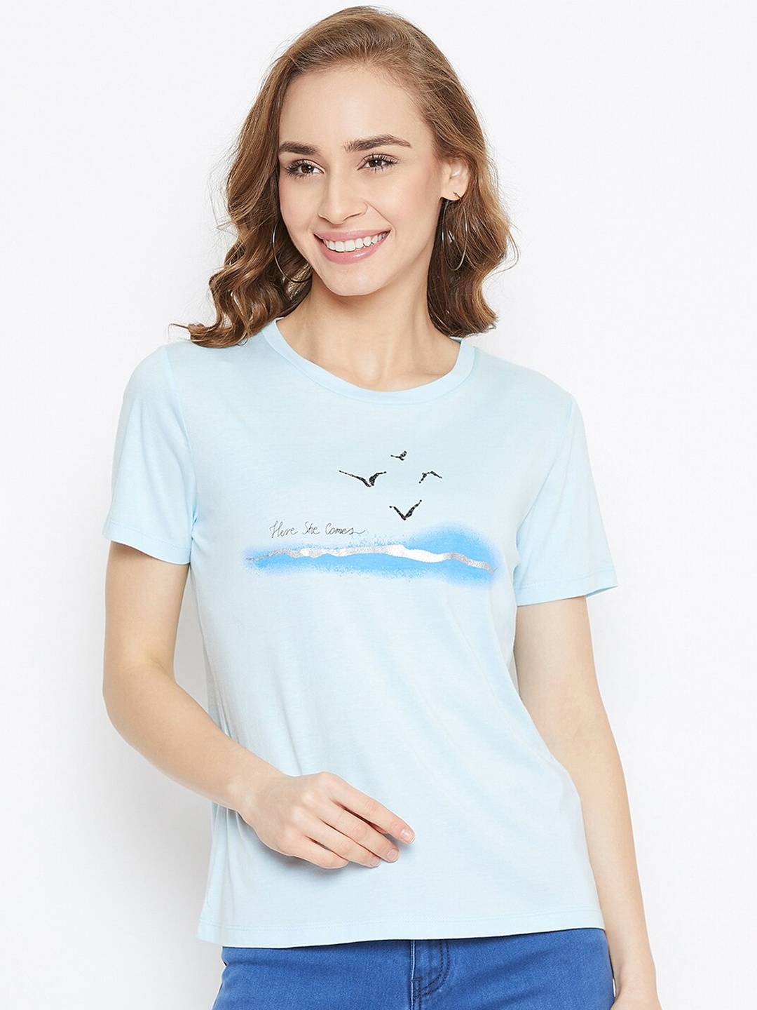 

Madame Women Blue Printed Pure Cotton T-shirt