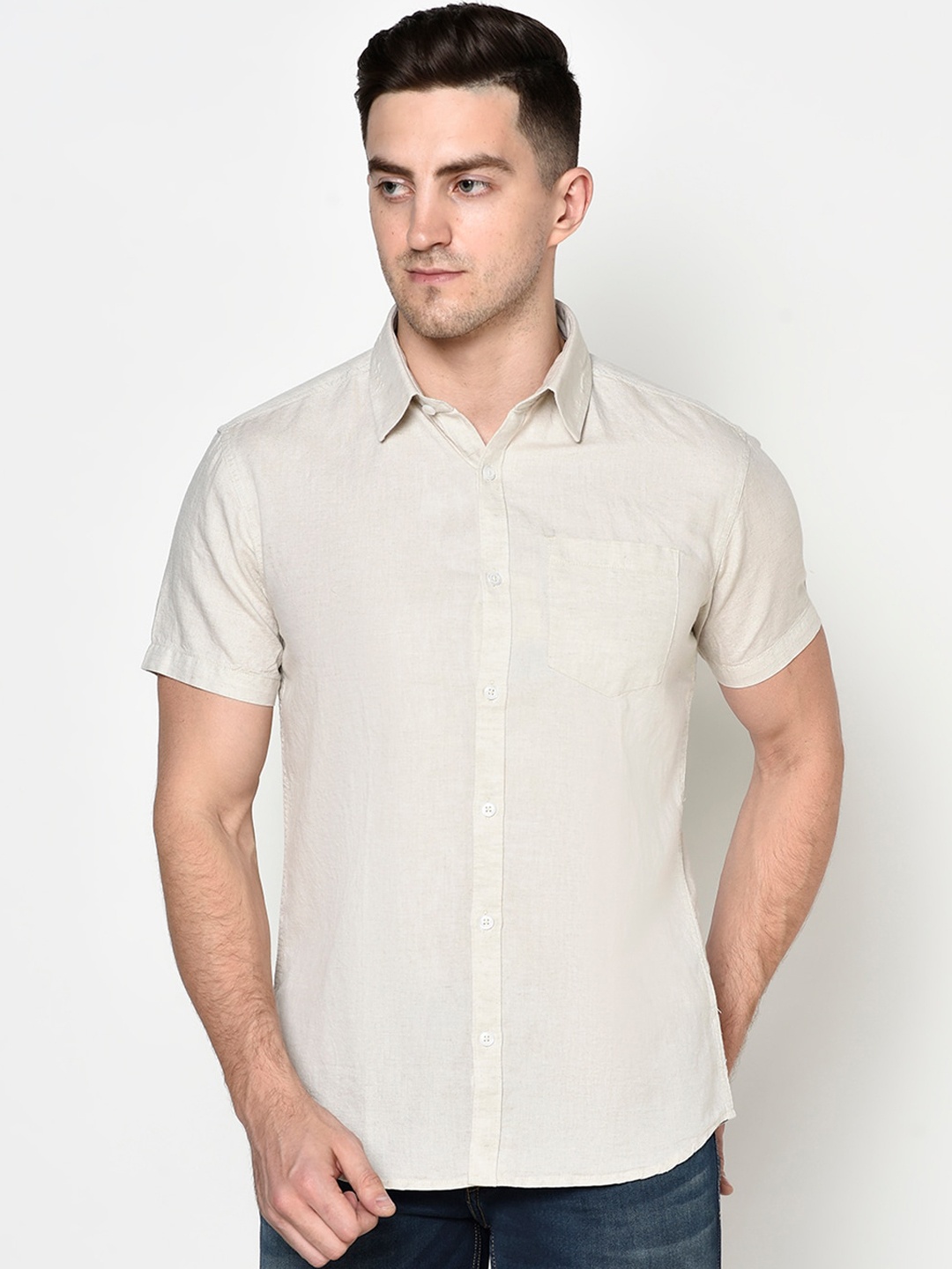 

METTLE Men Cream Cotton Casual Shirt