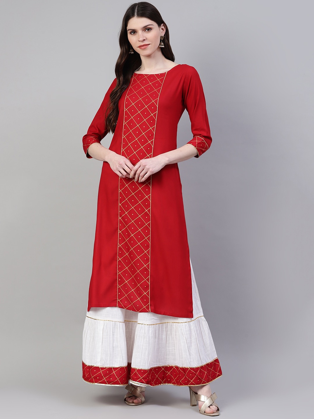 

Stylum Women Maroon Embroidered Kurta with Skirt