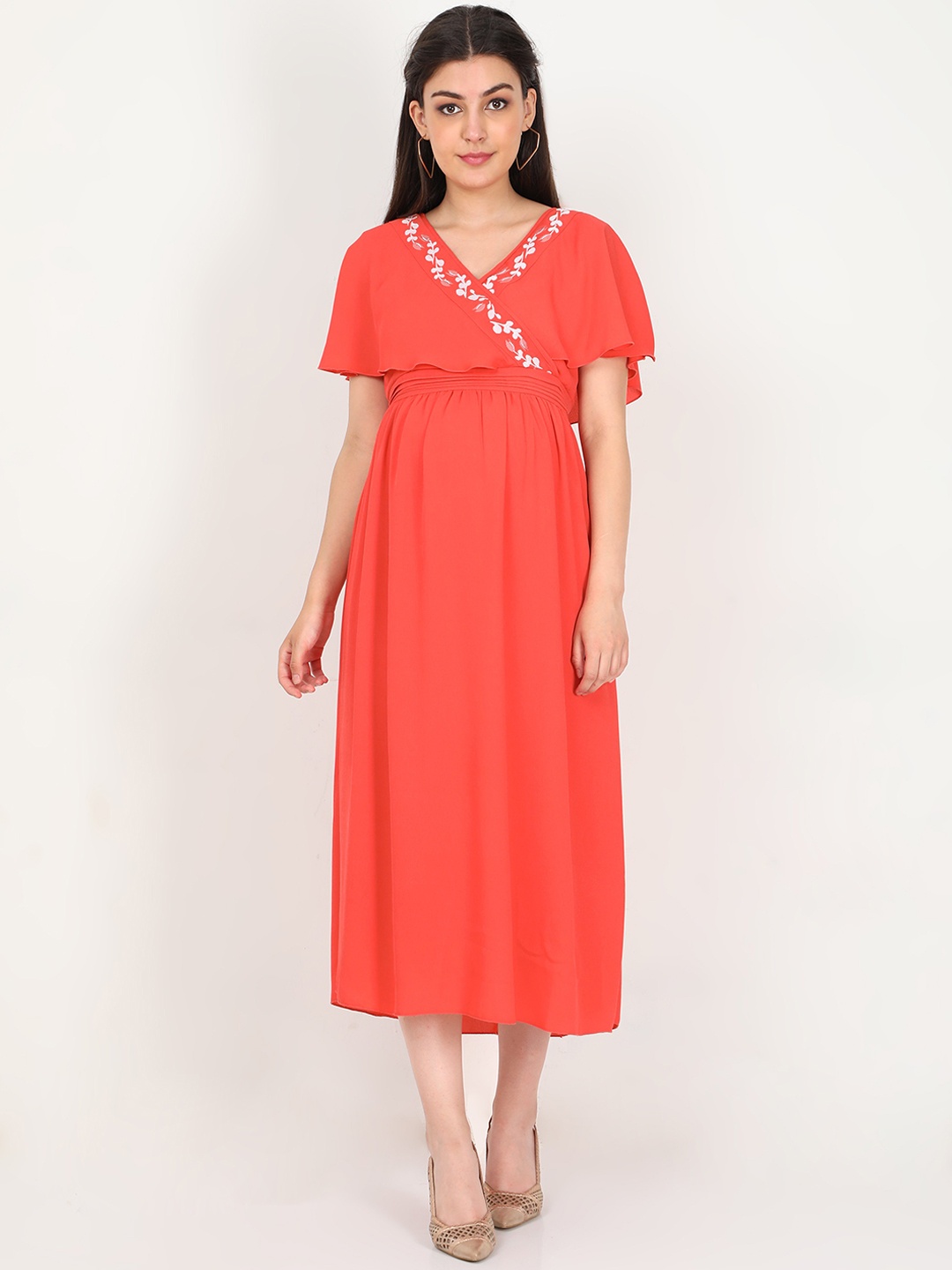 

The Mom Store Maternity Womens Orange Georgette Empire Midi Dress