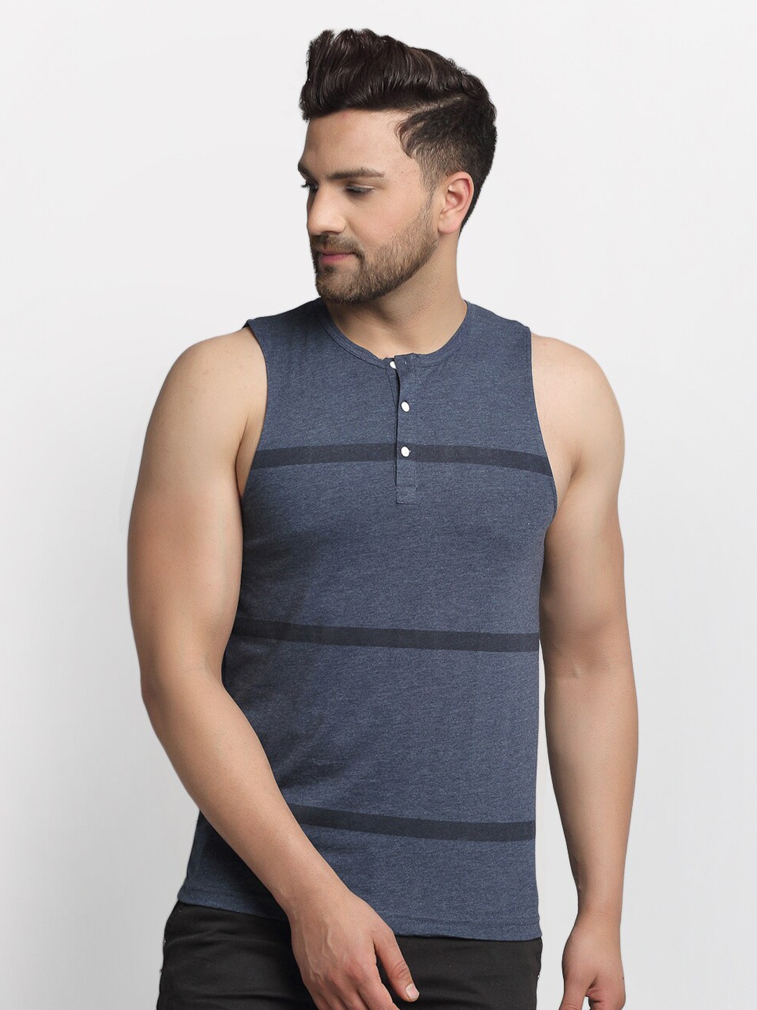 

Rigo Men Blue Striped Cotton Henley Neck Slim Fit T-shirt