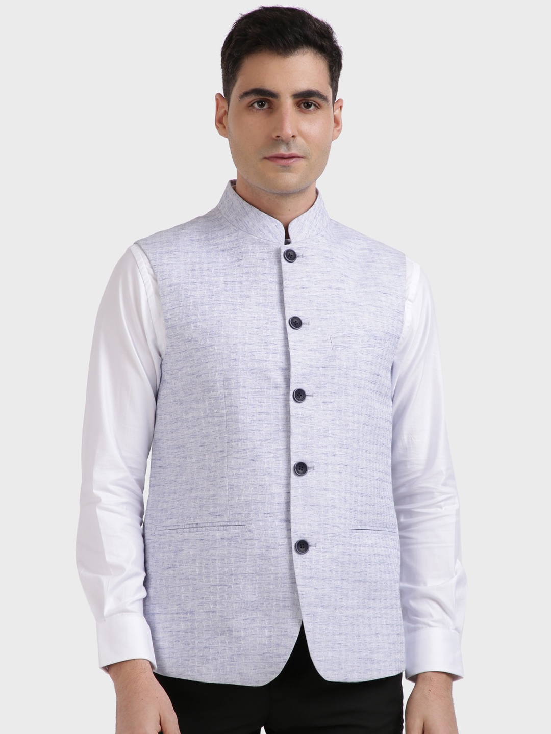 

ColorPlus Men Blue & White Self-Design Woven Nehru Jacket