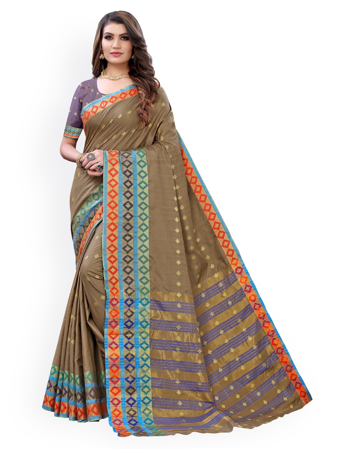 

KALINI Brown Jacquard Poly Cotton Saree