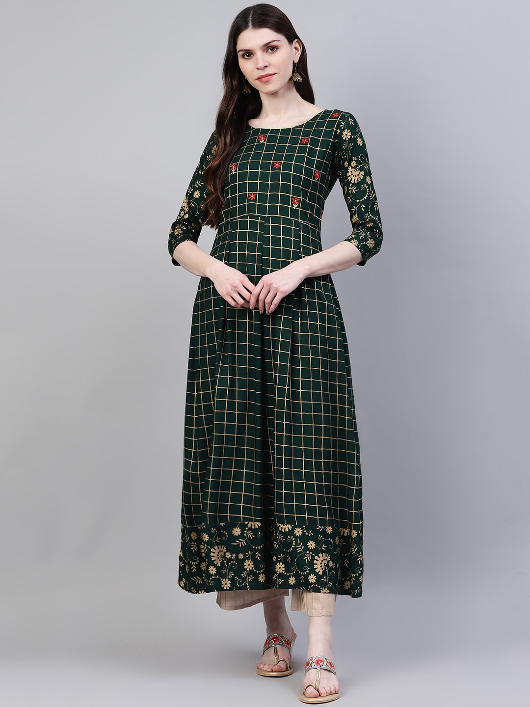 

Stylum Women Green Checked Thread Work Anarkali Kurta