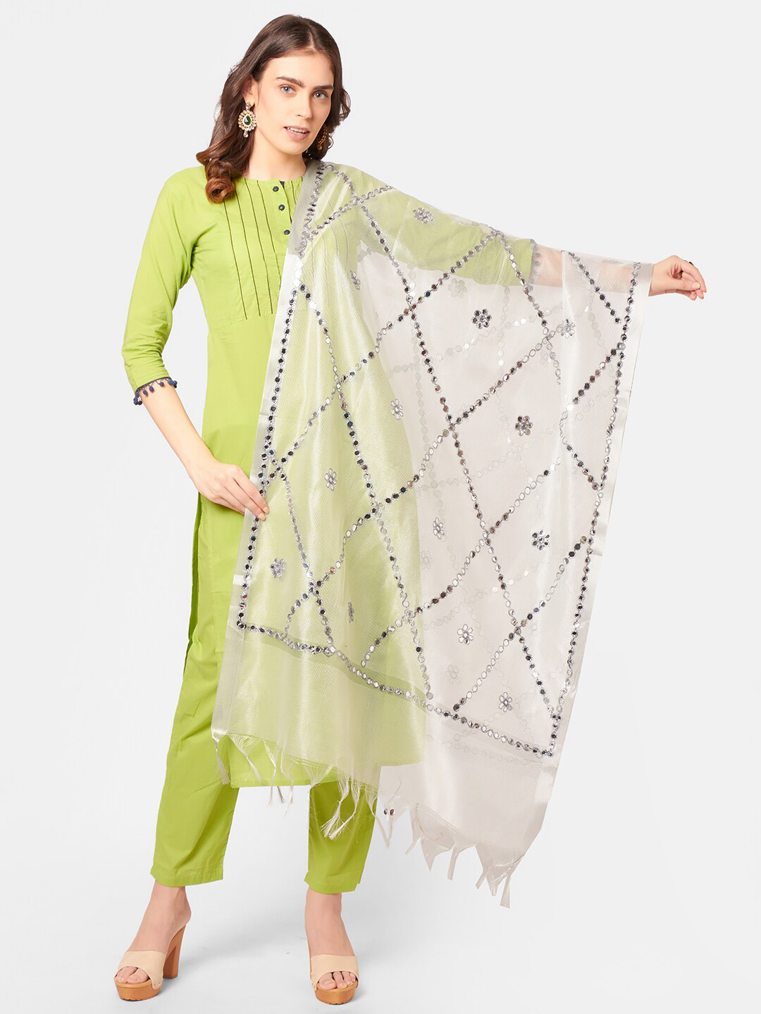 

Dupatta Bazaar Silver Ethnic Motifs Embroidered Dupatta with Mirror Work