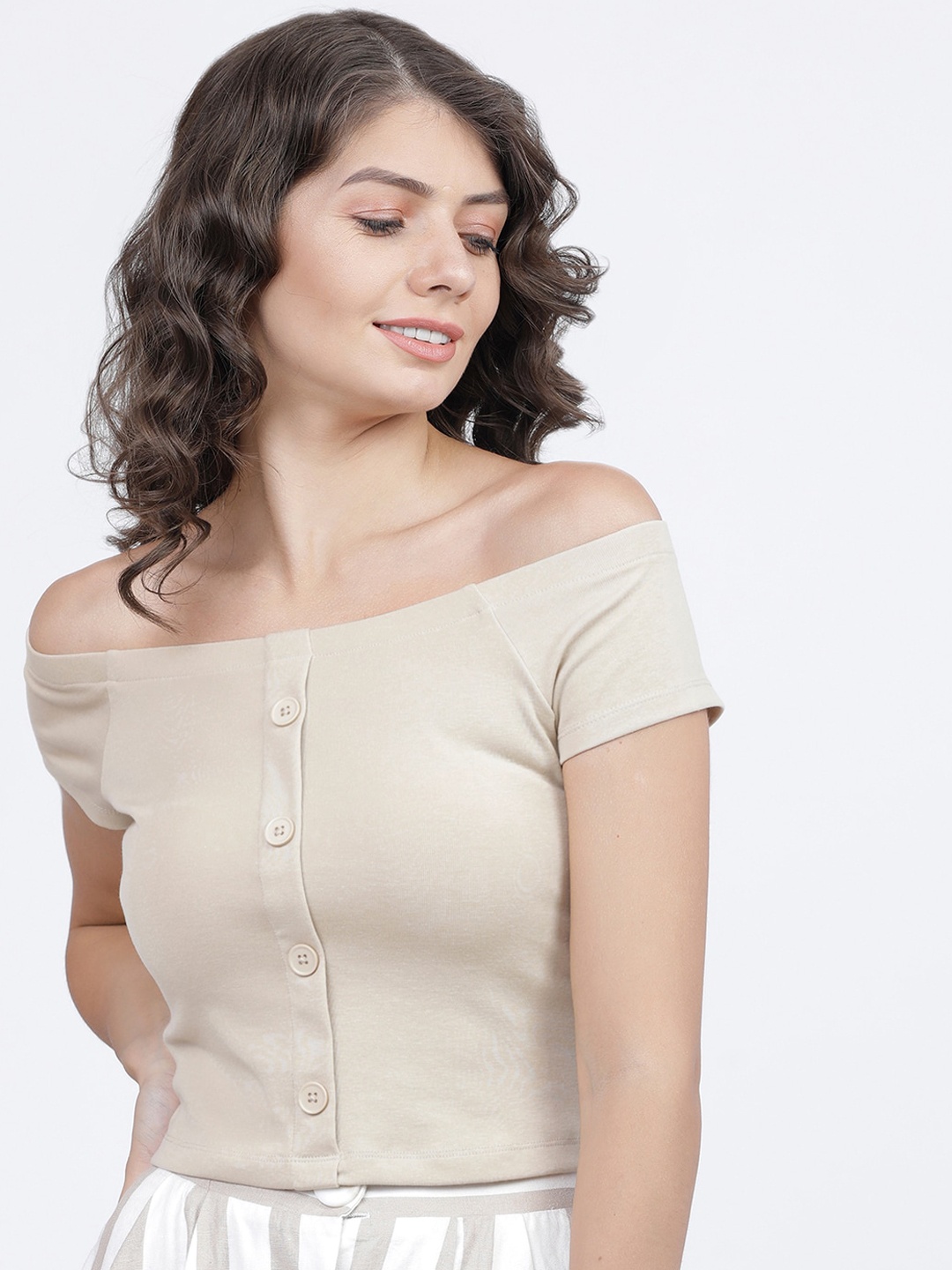 Tokyo Talkies Beige Off-Shoulder Bardot Top