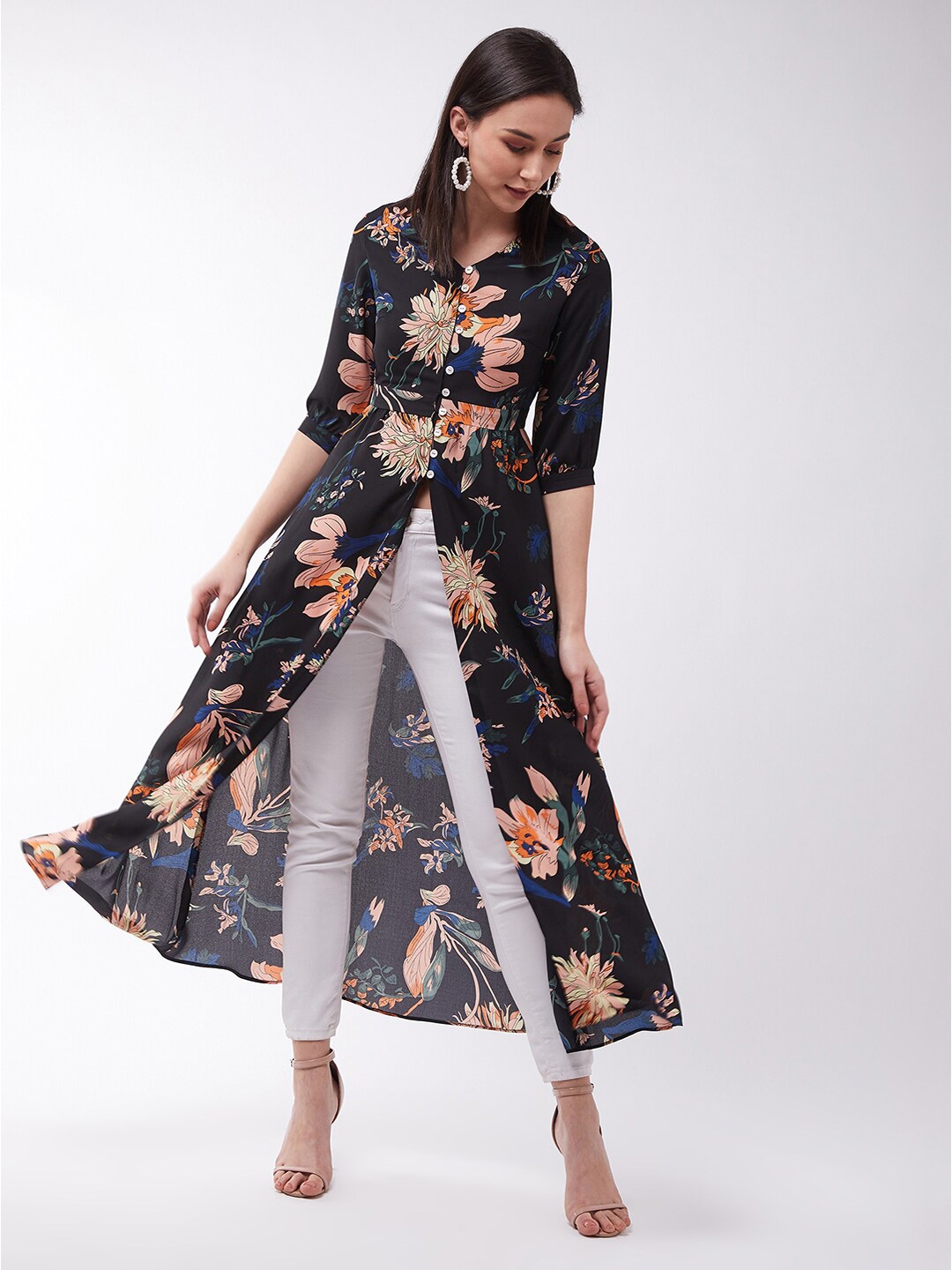 

Miss Chase Black & Pink Floral Crepe Maxi Longline Top