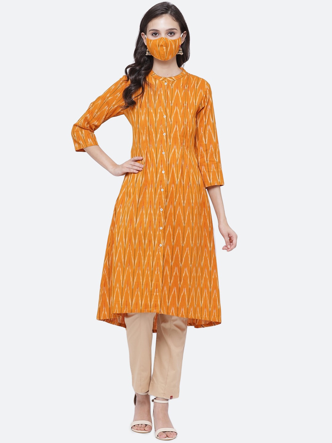 

Biba Women Mustard Striped Cold-Shoulder Sleeves Kurta