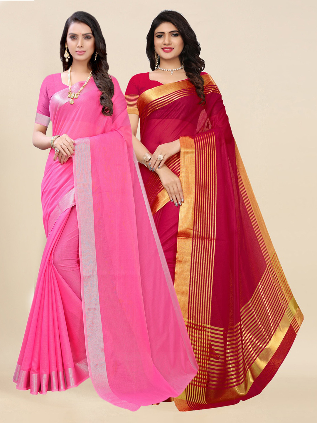 

KALINI Pack Of 2 Red & Pink Zari Silk Cotton Sarees