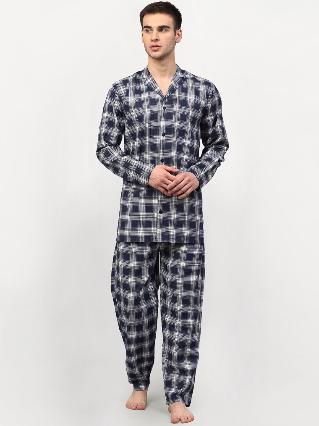 

JAINISH Men Navy Blue & Grey Checked Night suit
