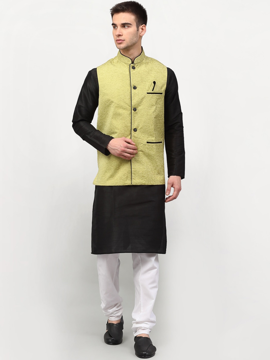 

Jompers Men Black & White Dupion Silk Kurta with Churidar and Nehru Jacket