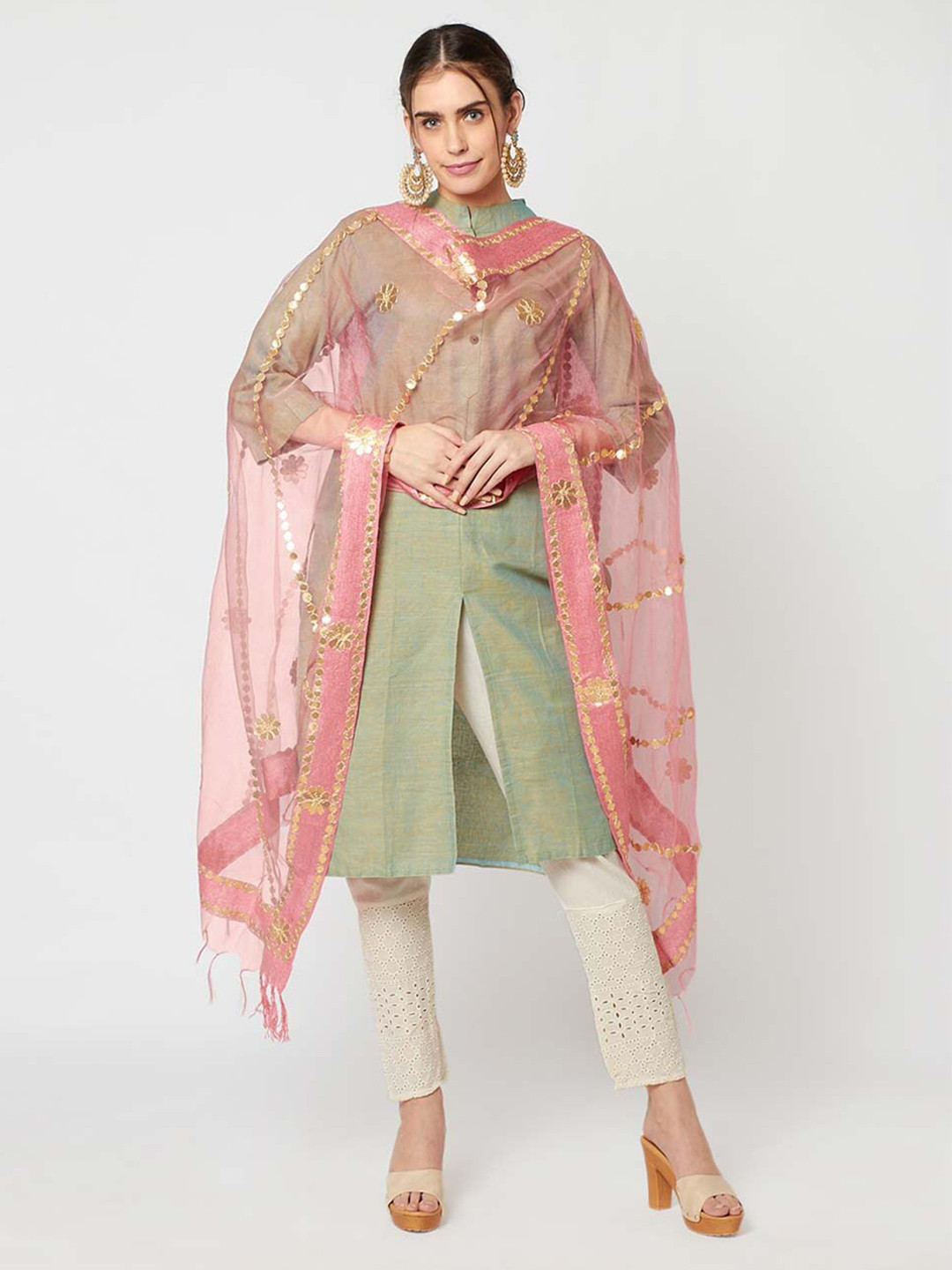 

Dupatta Bazaar Peach & Gold-Toned Embroidered Organza Dupatta with Gotta Patti