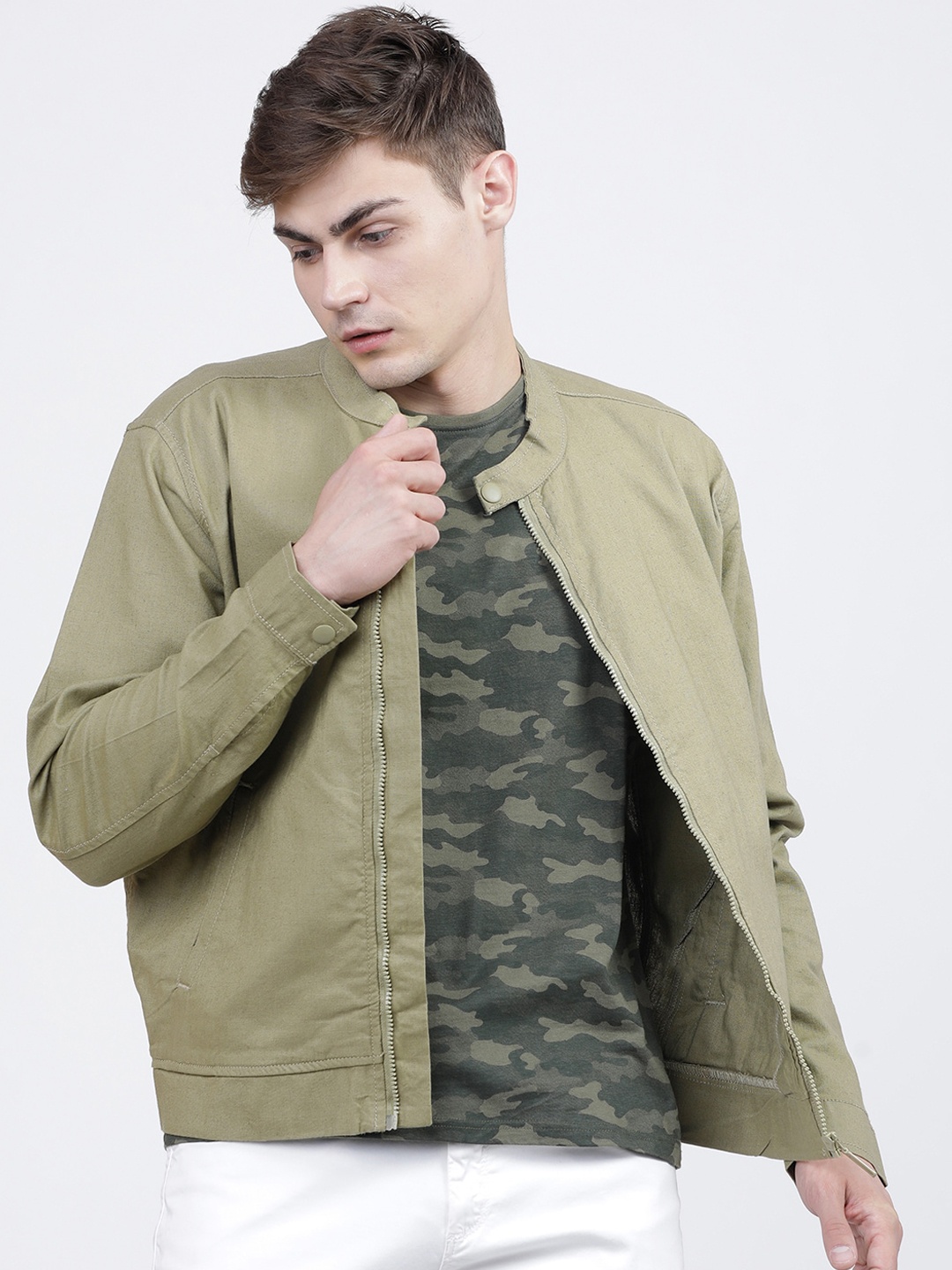 

HIGHLANDER Men Olive Green Cotton Linen Bomber Jacket