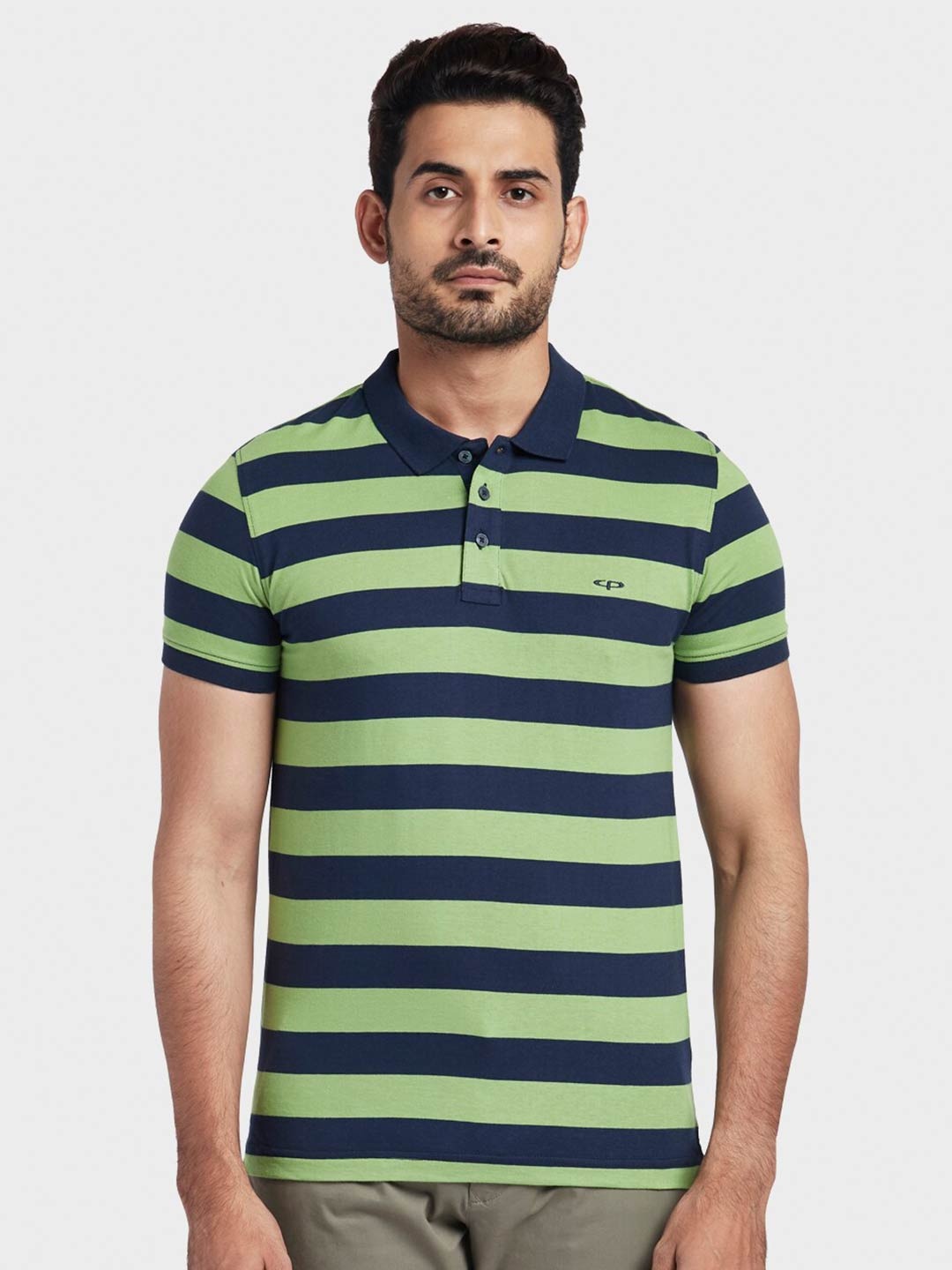 

ColorPlus Men Green Striped Polo Collar Slim Fit Cotton T-shirt