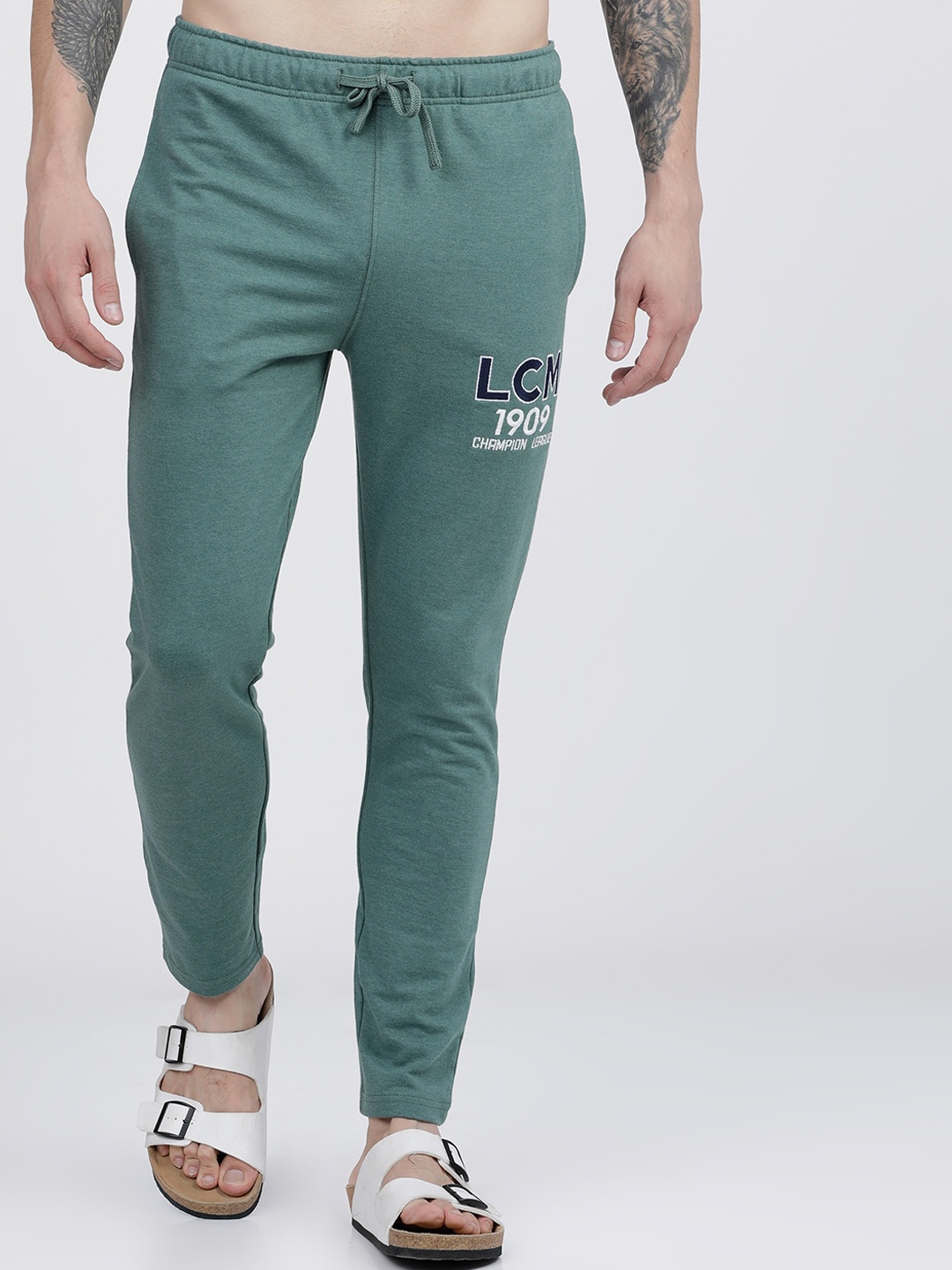 

LOCOMOTIVE Men Green & White Solid Slim-Fit Track Pants