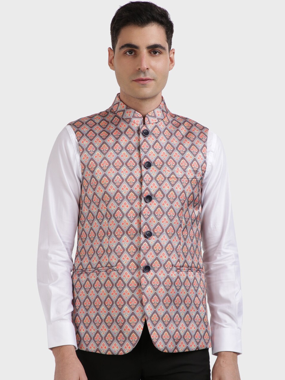 

ColorPlus Men Grey & Red Printed Woven Nehru Jacket