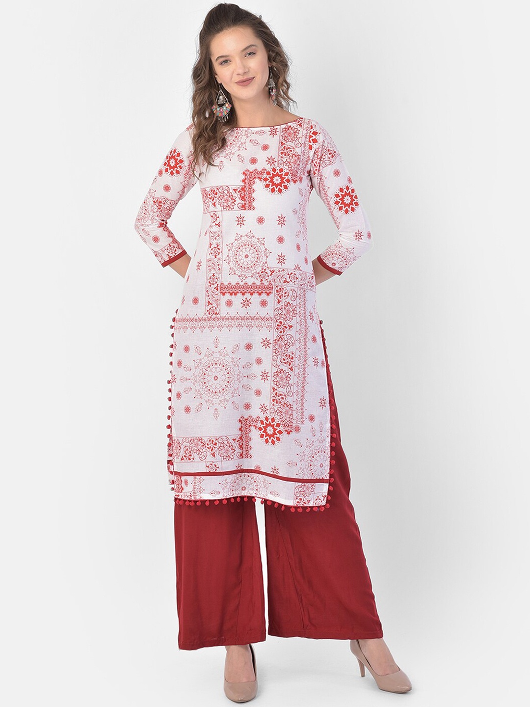 

Ojjasvi Women White & Red Floral Printed Cotton Kurta
