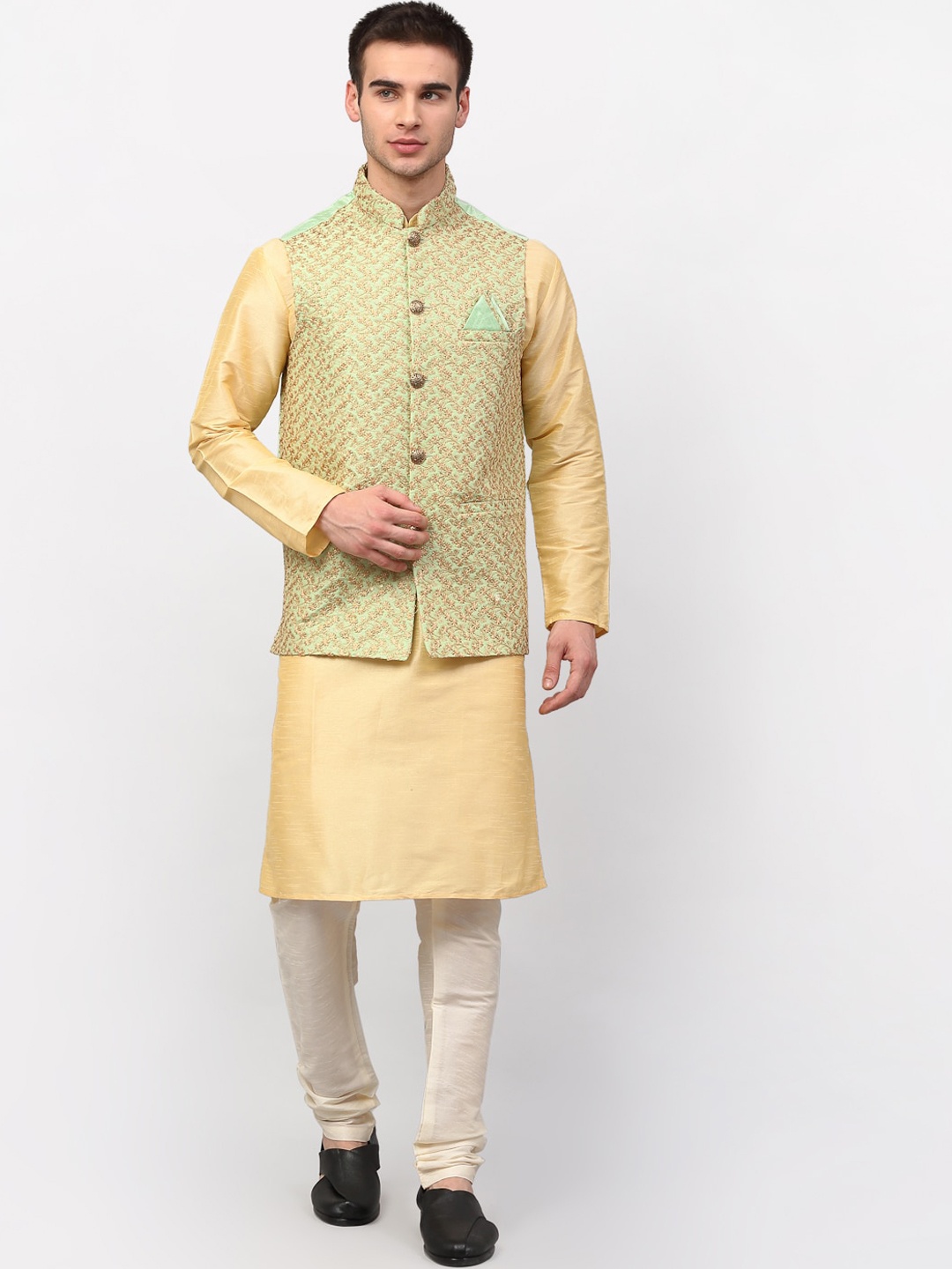 

Jompers Men Beige Dupion Silk Kurta Set with Nehru Jacket