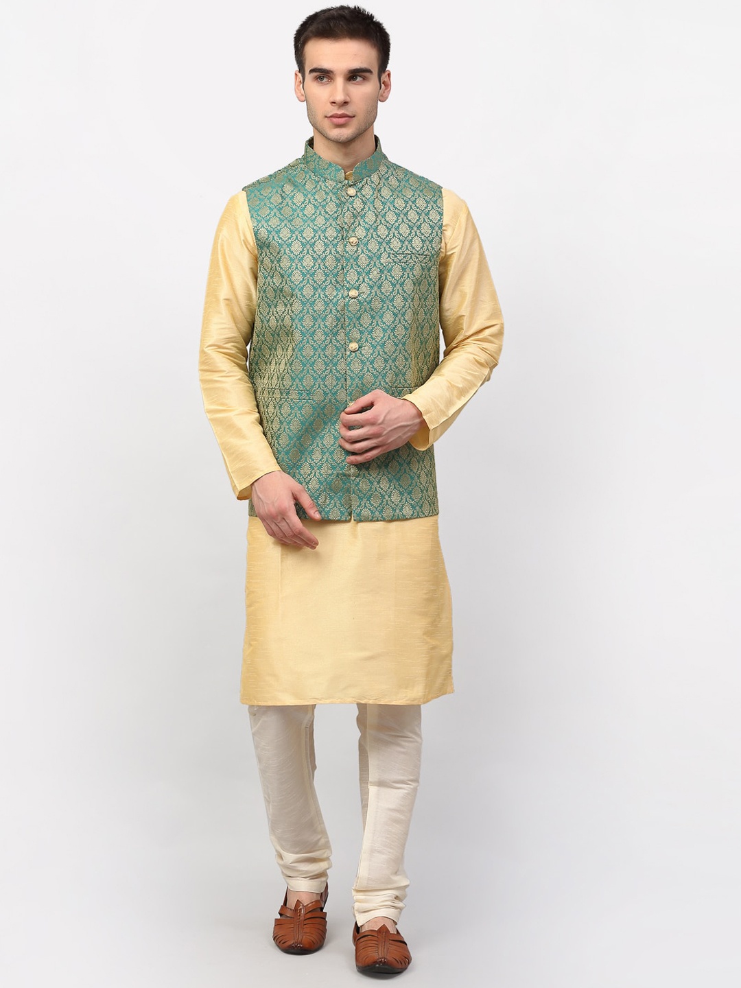 

Jompers Men Gold Dupion Silk Kurta with Pyjamas & Nehru Jacket