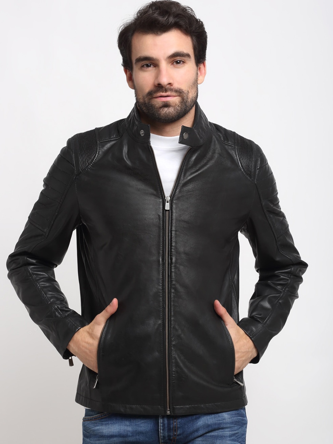 

Teakwood Leathers Men Black Solid Lightweight Leather Jacket