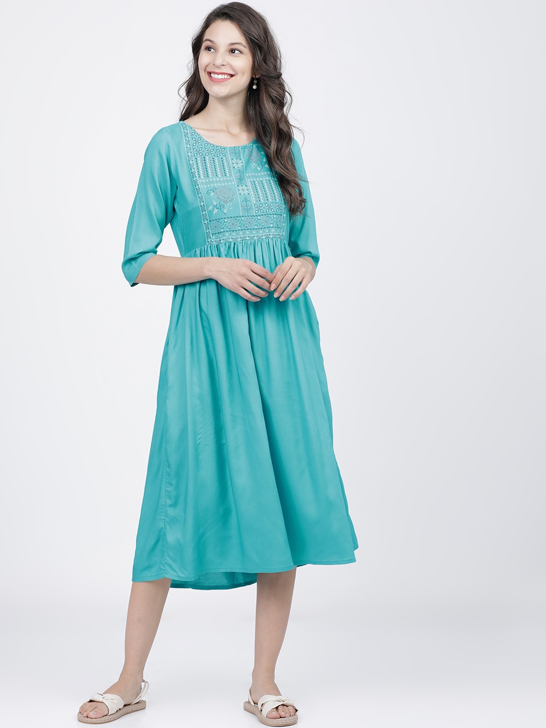 

Vishudh Turquoise Blue & White A-Line Midi Dress