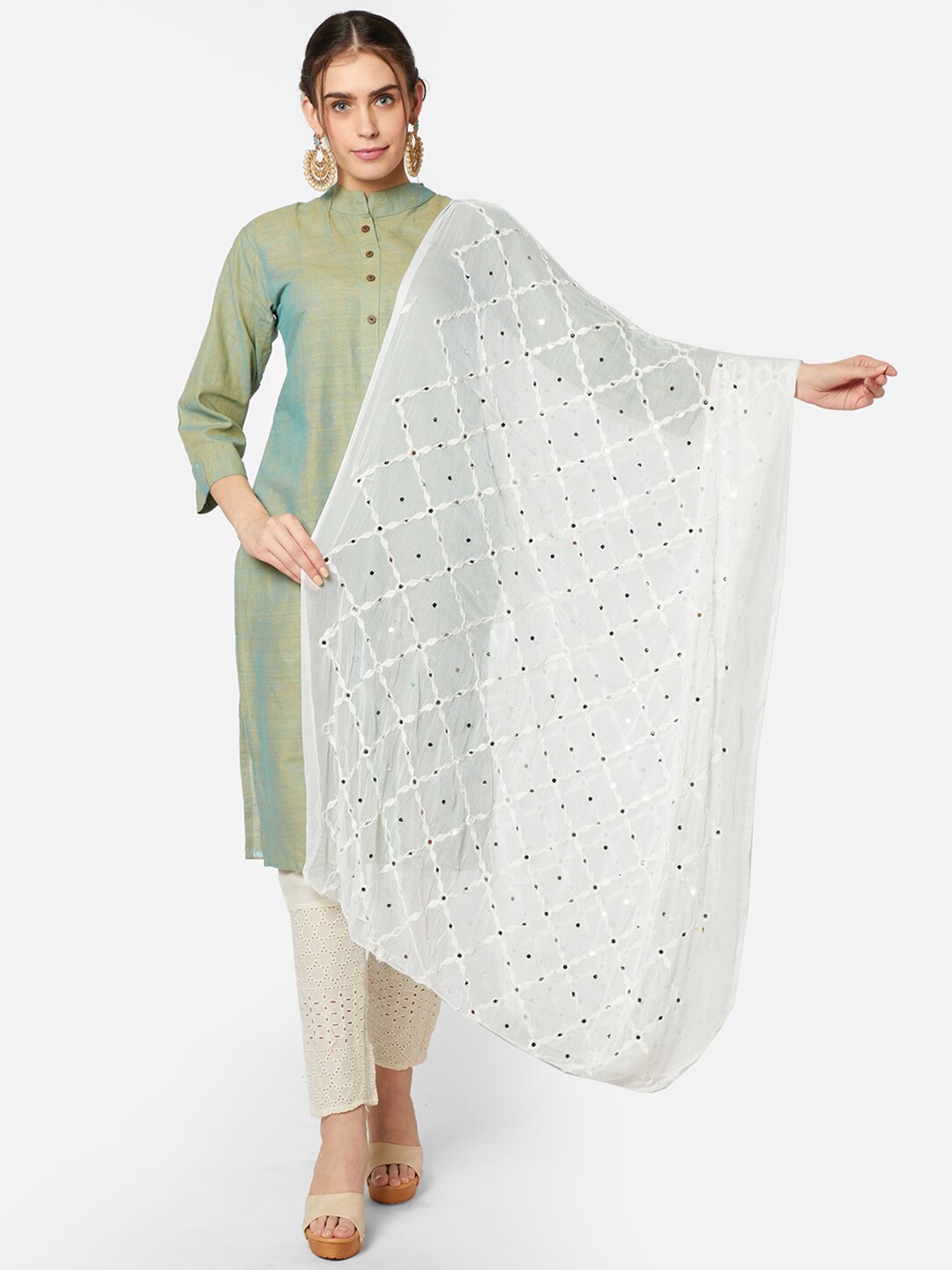 

Dupatta Bazaar White Ethnic Motifs Embroidered Dupatta
