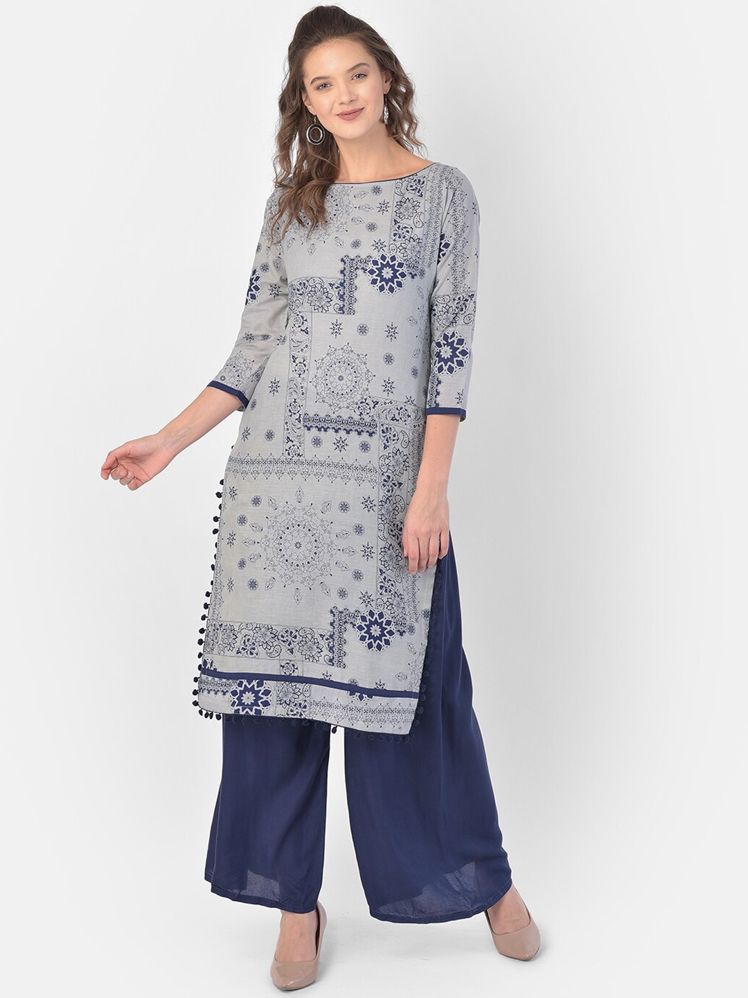 

Ojjasvi Women Grey & Blue Ethnic Motifs Printed Kurta