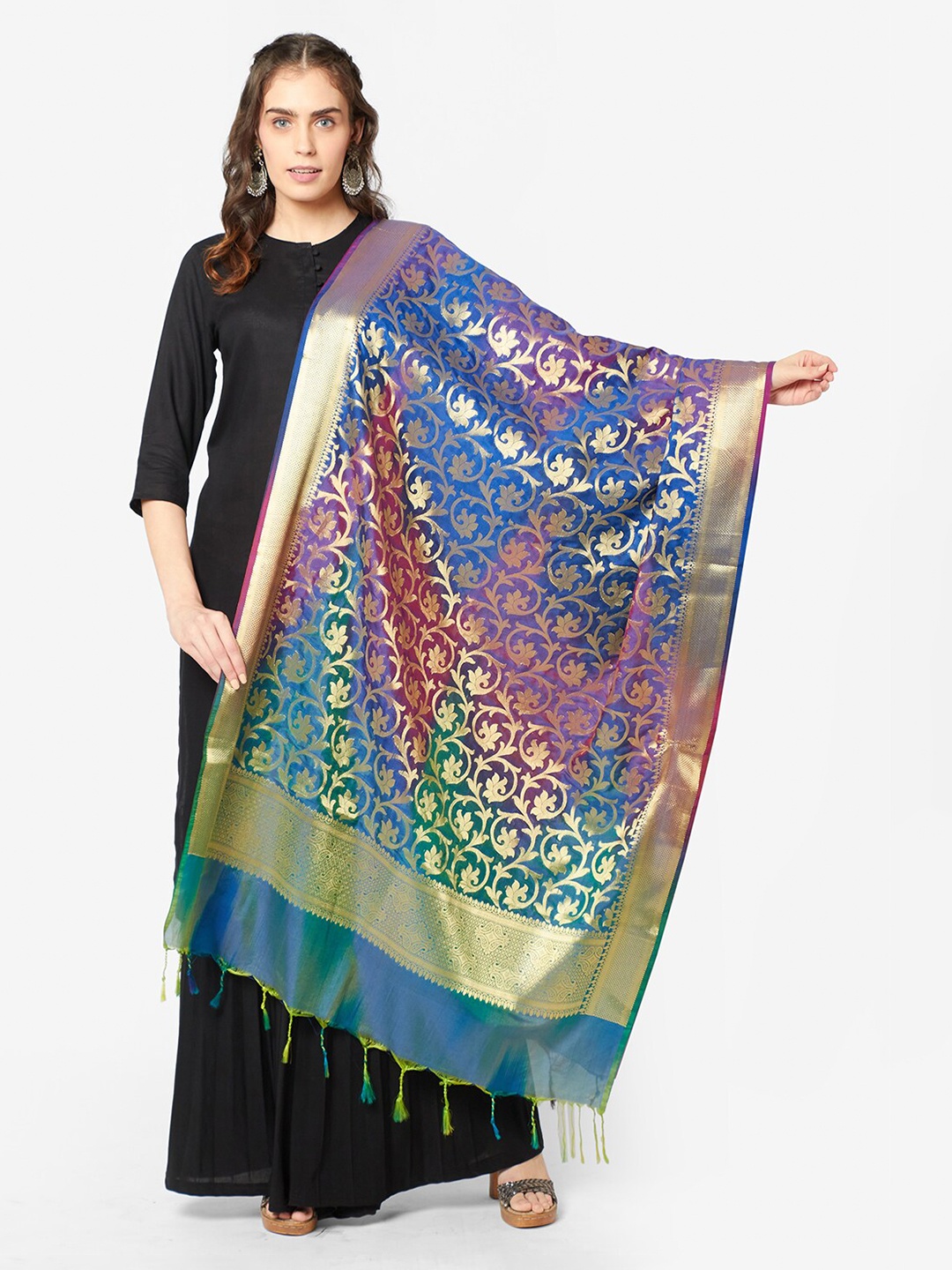 

Dupatta Bazaar Blue & Gold-Toned Woven Design Pure Silk Dupatta