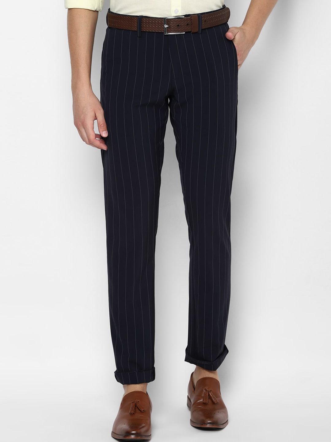 

Allen Solly Men Navy Blue Striped Slim Fit Regular Trousers