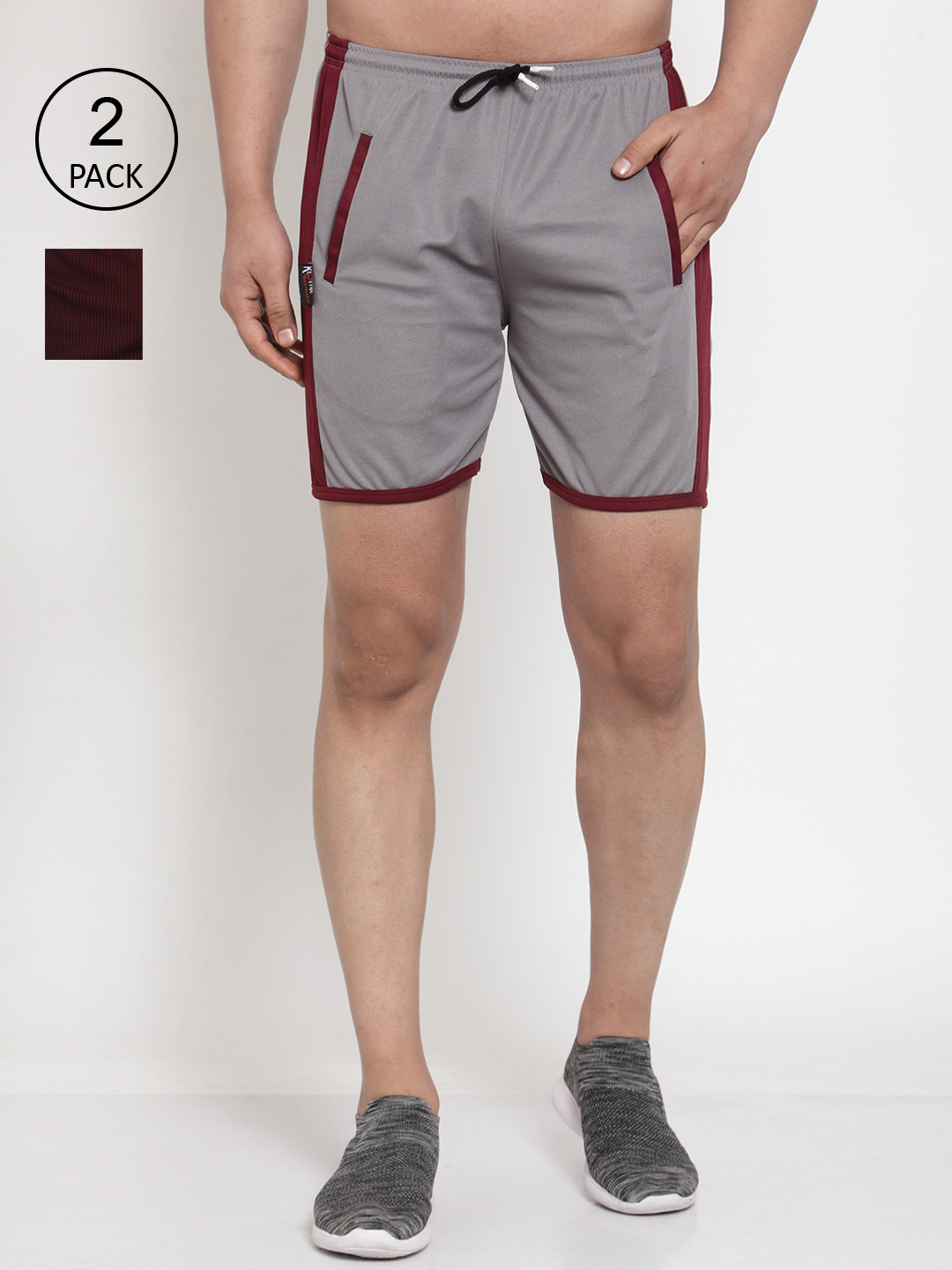 

KLOTTHE Men Pack Of 2 Maroon & Grey Mid-Rise Sports Shorts