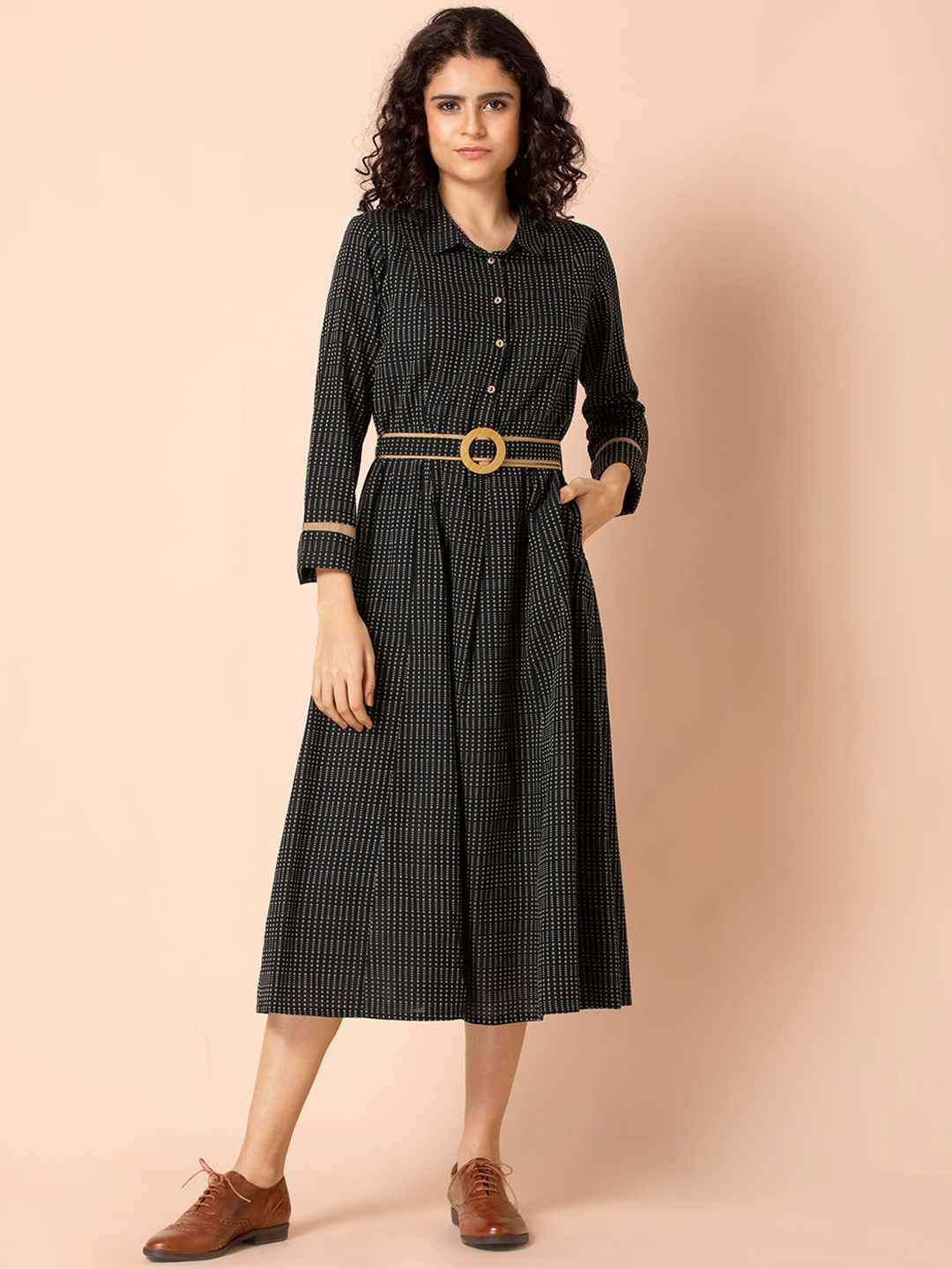 

Earthen BY INDYA Black Collared Belted A-Line Dress